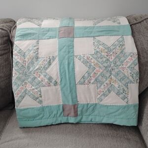 Vintage Hand Stitched Patchwork Quilt in Mint and Gray, Cottage Quilt, Handmade